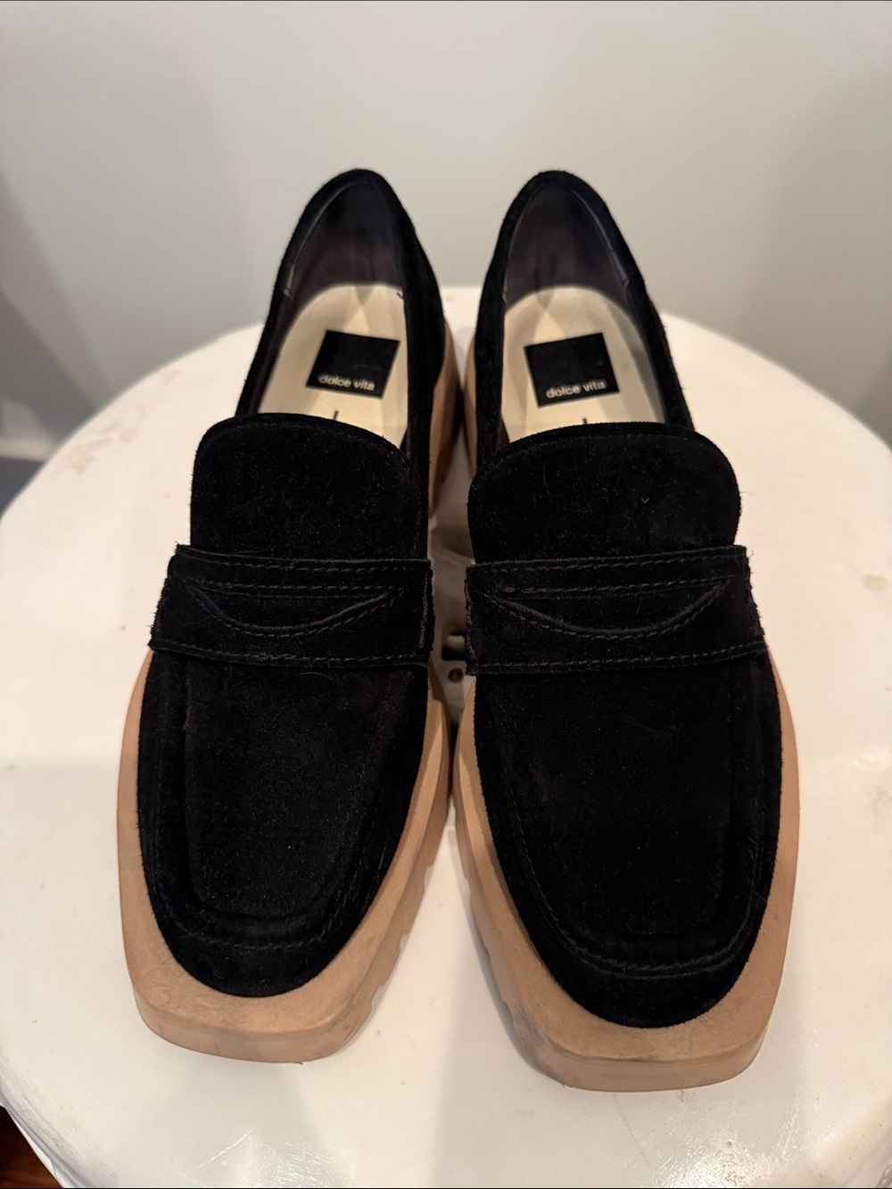 Dolce Vita Black Suede Penny Loafers with Tan Sole Size 8 Like New